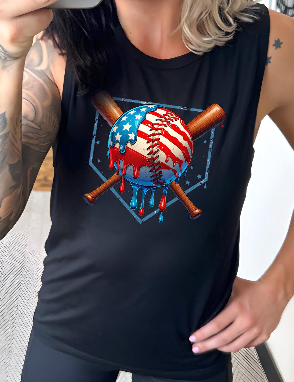 American Flag Baseball Drip Muscle Tank